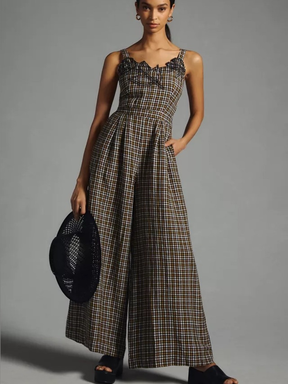 Anthropologie Embroidered Plaid Linen Blend Wide Leg Jumpsuit Size 12